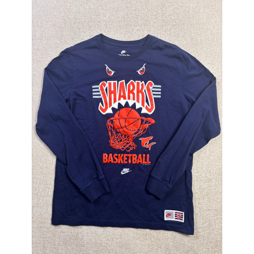 Nike Sharks Basketball Long Sleeve Graphic Tee Navy Blue Mens Large